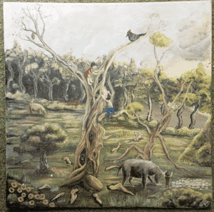 Niños jugando en la pradera con los animales